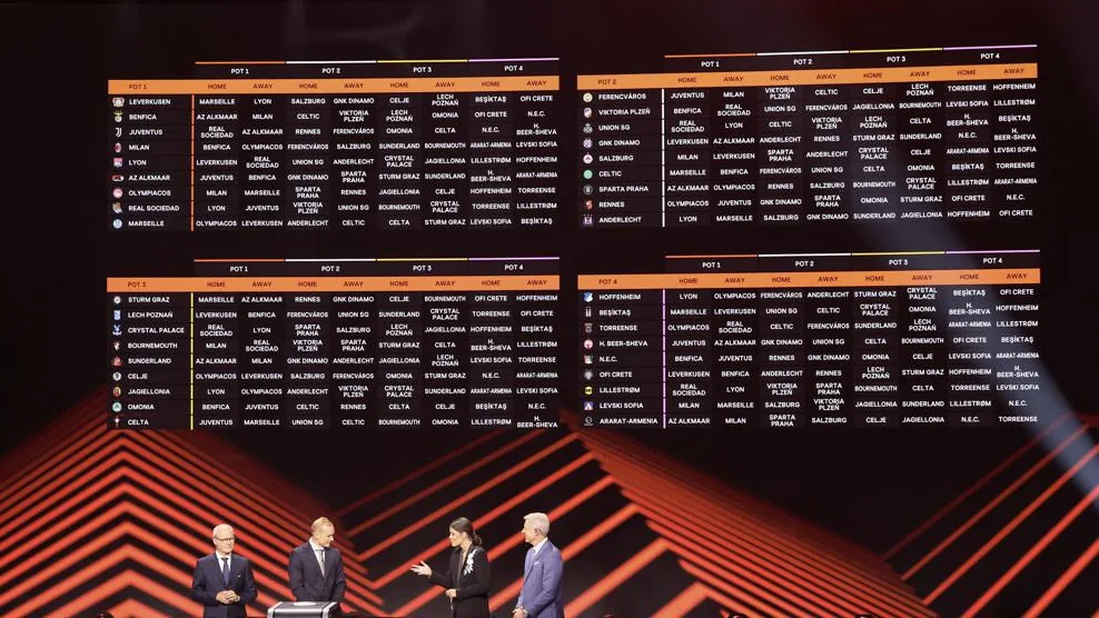 The 2026/27 Europa League league-phase draw board in Monaco