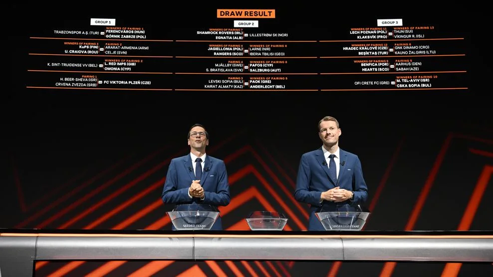 Europa League play-off draw presenters beneath the 2026/27 pairing screen